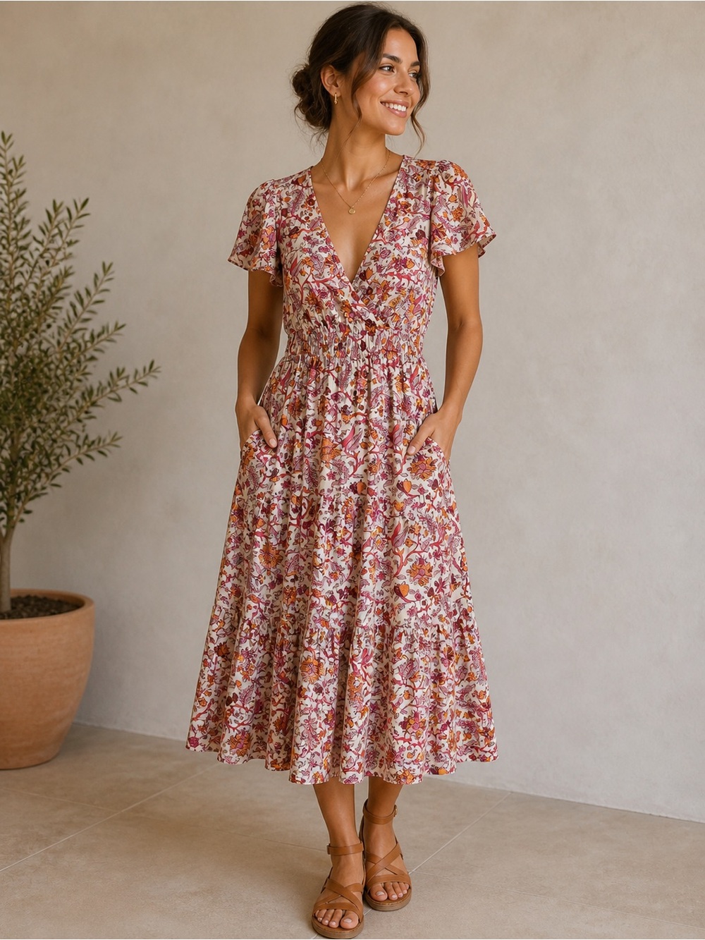 Knox Rose Women’s Multi Floral Smocked Boho Cottagecore Coastal Dress XS